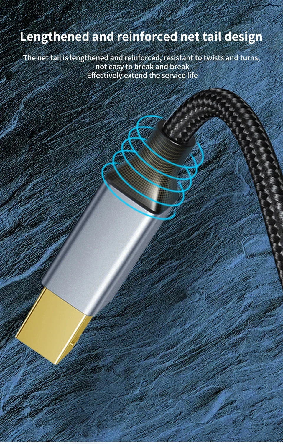 A close-up view of a lengthened and reinforced net tail design on a printer cable connector.