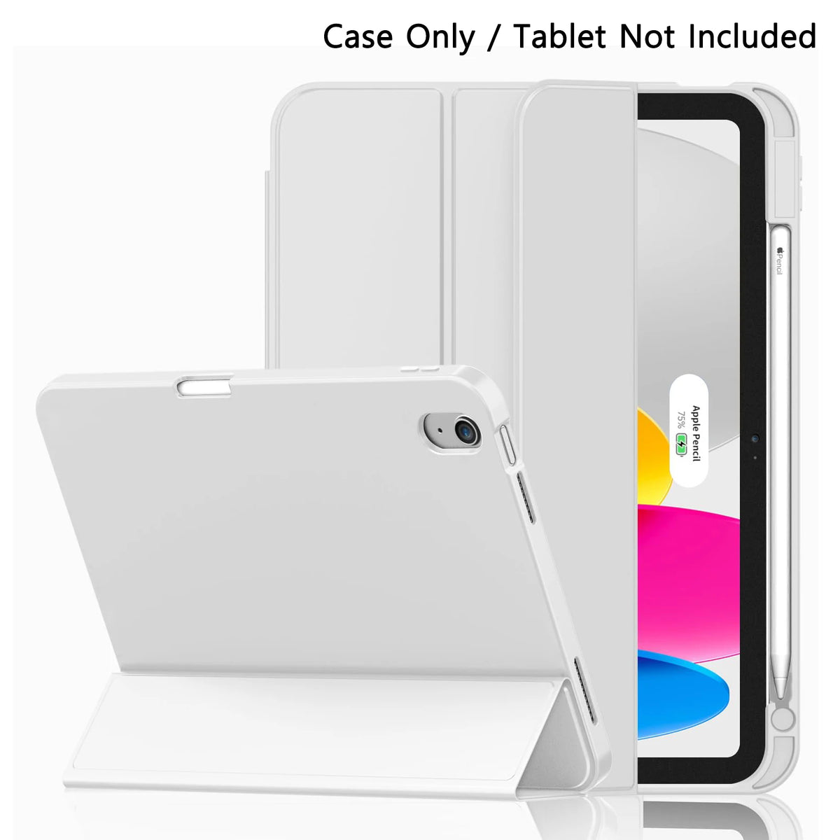 A white universal protective case for an iPad is shown next to the tablet, with a separate case displayed.
