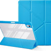 A light blue universal protective case for an Apple iPad is shown open next to its matching rigid cover.