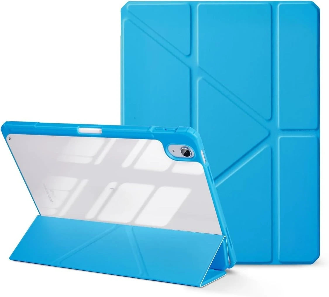 A light blue universal protective case for an Apple iPad is shown open next to its matching rigid cover.