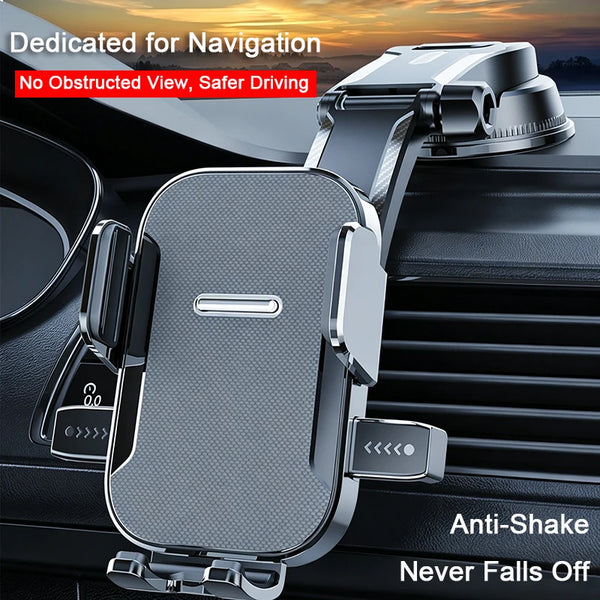 A silver phone mount is shown attached to a car dashboard, emphasizing its anti-shake and secure fit features.