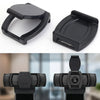 Black privacy lens cover for a webcam, shown in various angles and mounted on a device.