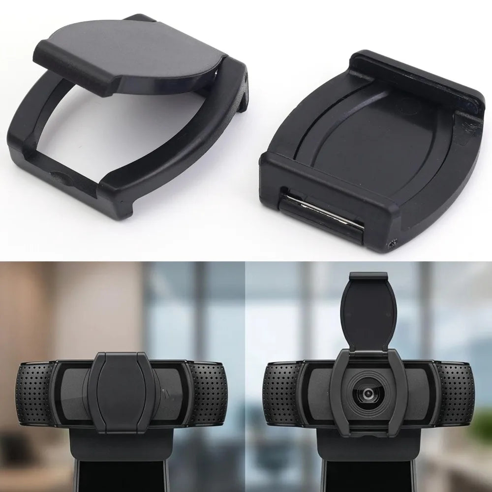 Black privacy lens cover for a webcam, shown in various angles and mounted on a device.
