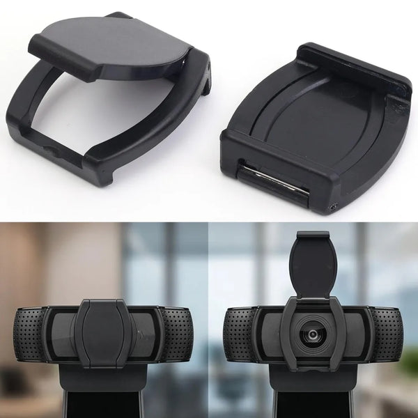 Black privacy lens cover for a webcam, shown in various angles and mounted on a device.
