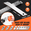 A set of eight snap-off blades and various sized utility box cutters are displayed on a dark surface.
