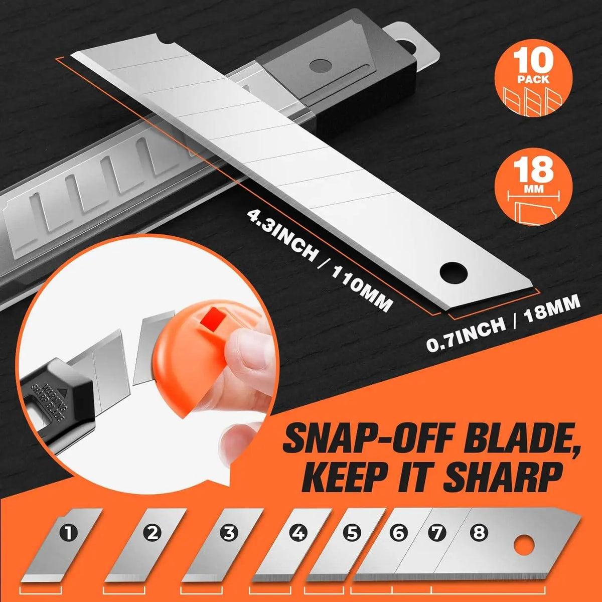 A set of eight snap-off blades and various sized utility box cutters are displayed on a dark surface.