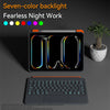 A black keyboard case for an iPad is shown with a seven-color backlight displaying a digital effect.