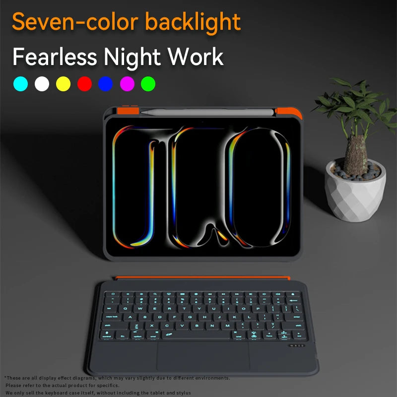 A black keyboard case for an iPad is shown with a seven-color backlight displaying a digital effect.