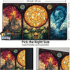 A rectangular mouse pad featuring stained glass art depicting a castle, skull, and swirling blue sky.