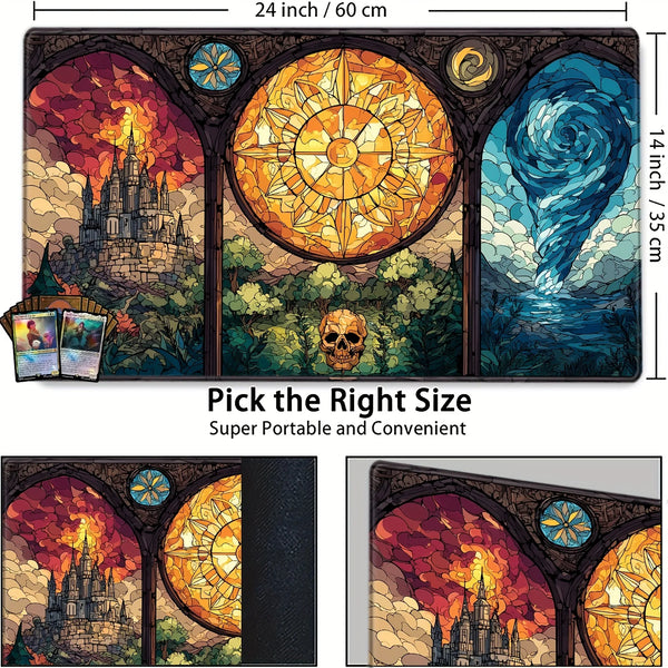 A rectangular mouse pad featuring stained glass art depicting a castle, skull, and swirling blue sky.