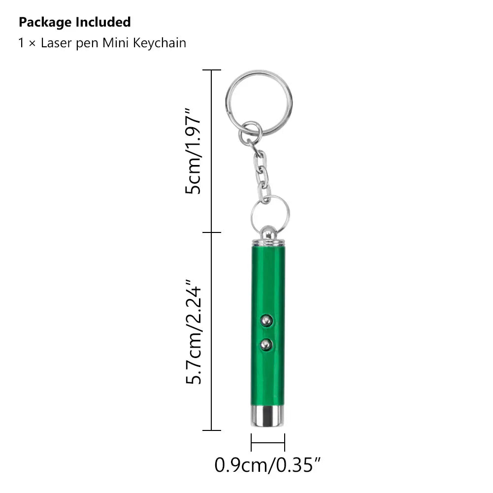 Pluma láser verde mini llavero con clip plateado y un pequeño dije de gato.