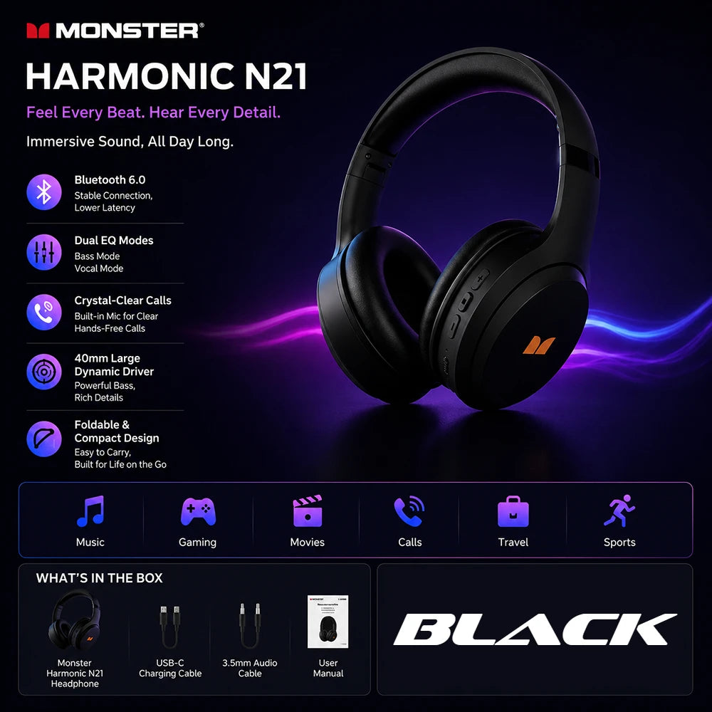 Black Monster Harmonic N21 Bluetooth 6.0 over-ear headphones displayed on a dark background.