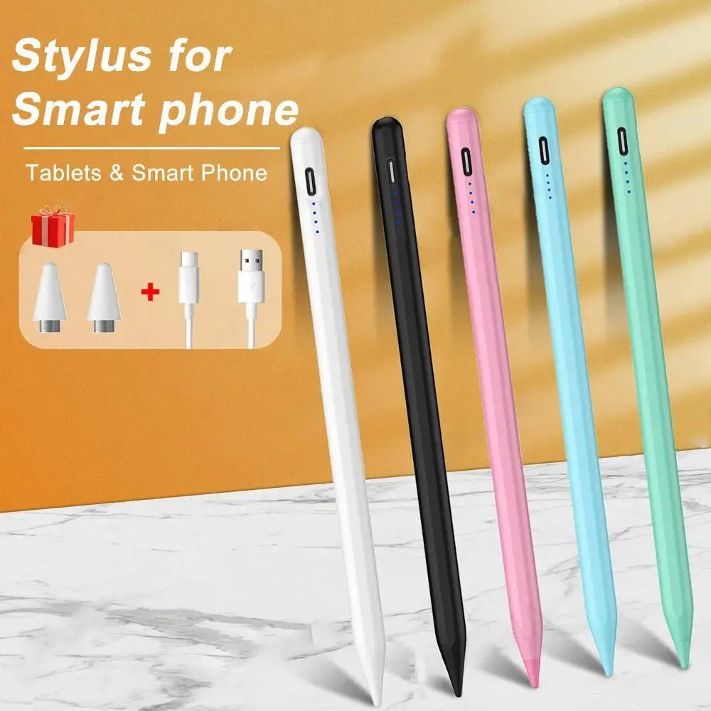 A collection of various colored precision stylus pens for smart phones and tablets displayed on a white surface.