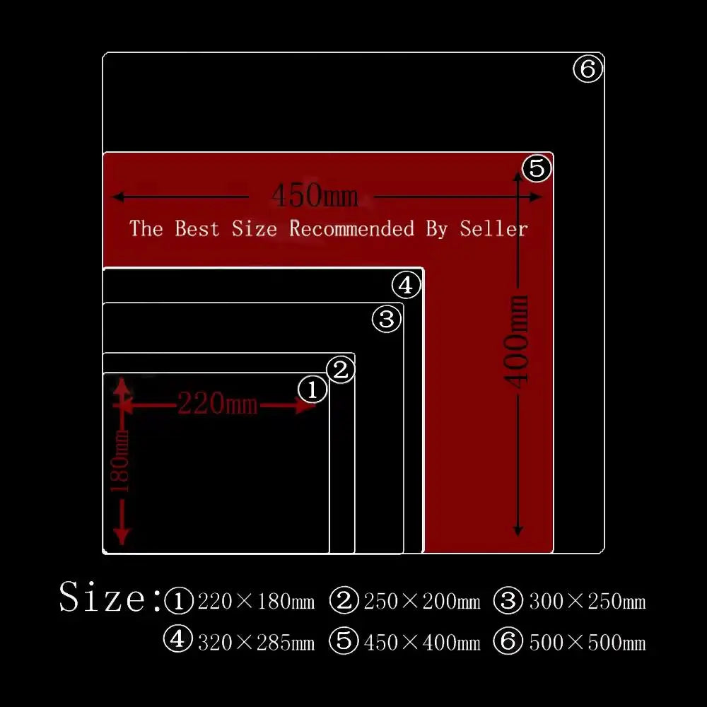 Diagram showing various sizes of a mouse pad with dimensions ranging from 220mm to 500mm.