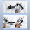 Four steps showing how to use a tape organizer kit to fix, wind up, pass over, and finish fastenings on a cable.