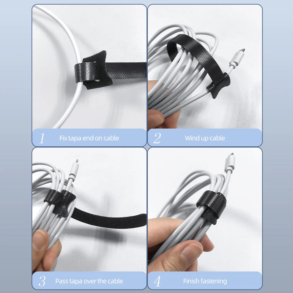 Four steps showing how to use a tape organizer kit to fix, wind up, pass over, and finish fastenings on a cable.