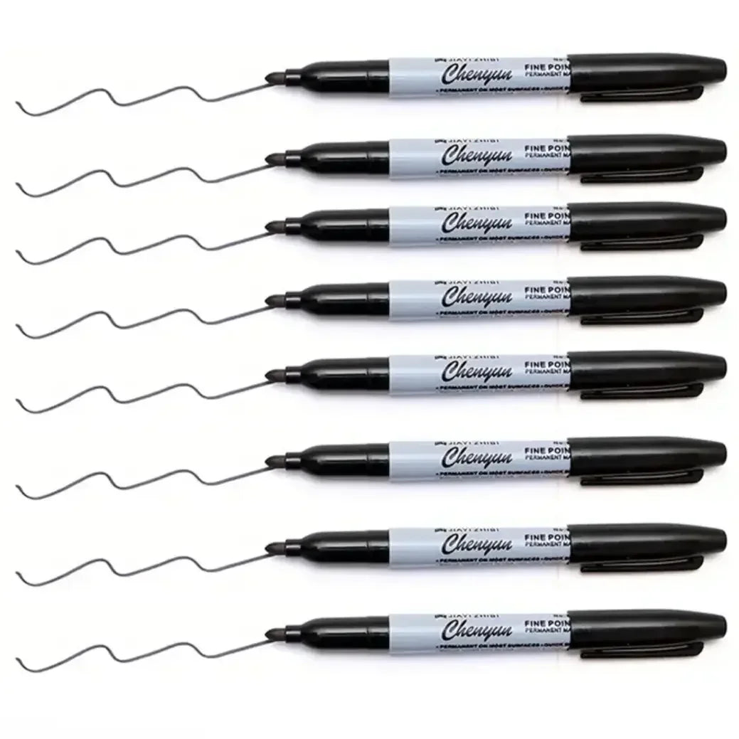 A set of twelve black permanent markers with fine tips and flexible nibs displayed against a white background.