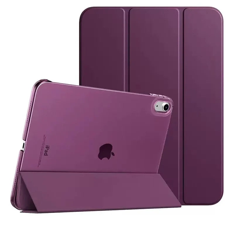 A purple slim protective case for an iPad, shown with the device inside and the matching cover.