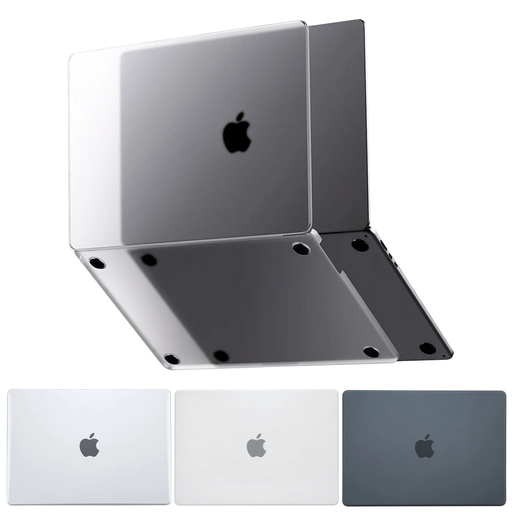 Ein Stapel Schutzhüllen für ein MacBook Pro Laptop in Silber und Dunkelgrau.