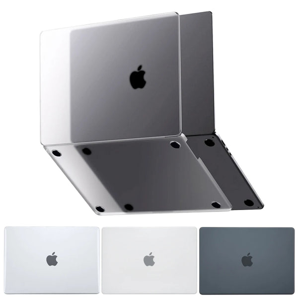 Une pile de boîtiers de protection pour un MacBook Pro, en argent et gris foncé.