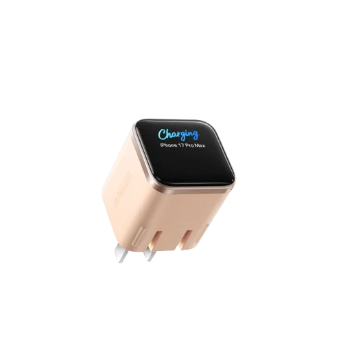 A beige wall charger with a charging indicator showing iPhone 11 Pro Max.