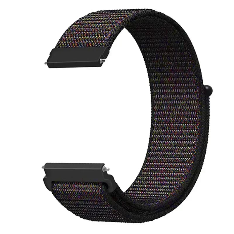 A black nylon loop watch strap with a multicolored, textured pattern shown from the side.