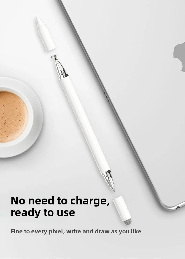 Un bolígrafo stylus magnético blanco junto a una tableta, destacando que está listo para usar sin carga.
