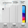 A white magnetic tri-fold stand cover for an iPad, showing various features like soft TPU back cover and microfiber lining.