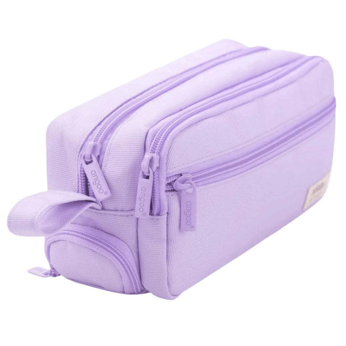 A lavender multi-layer stationery storage pencil case with zipper closures.