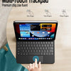 A hand is using a multi-touch trackpad on a laptop, demonstrating one, two, and three-finger touch gestures.
