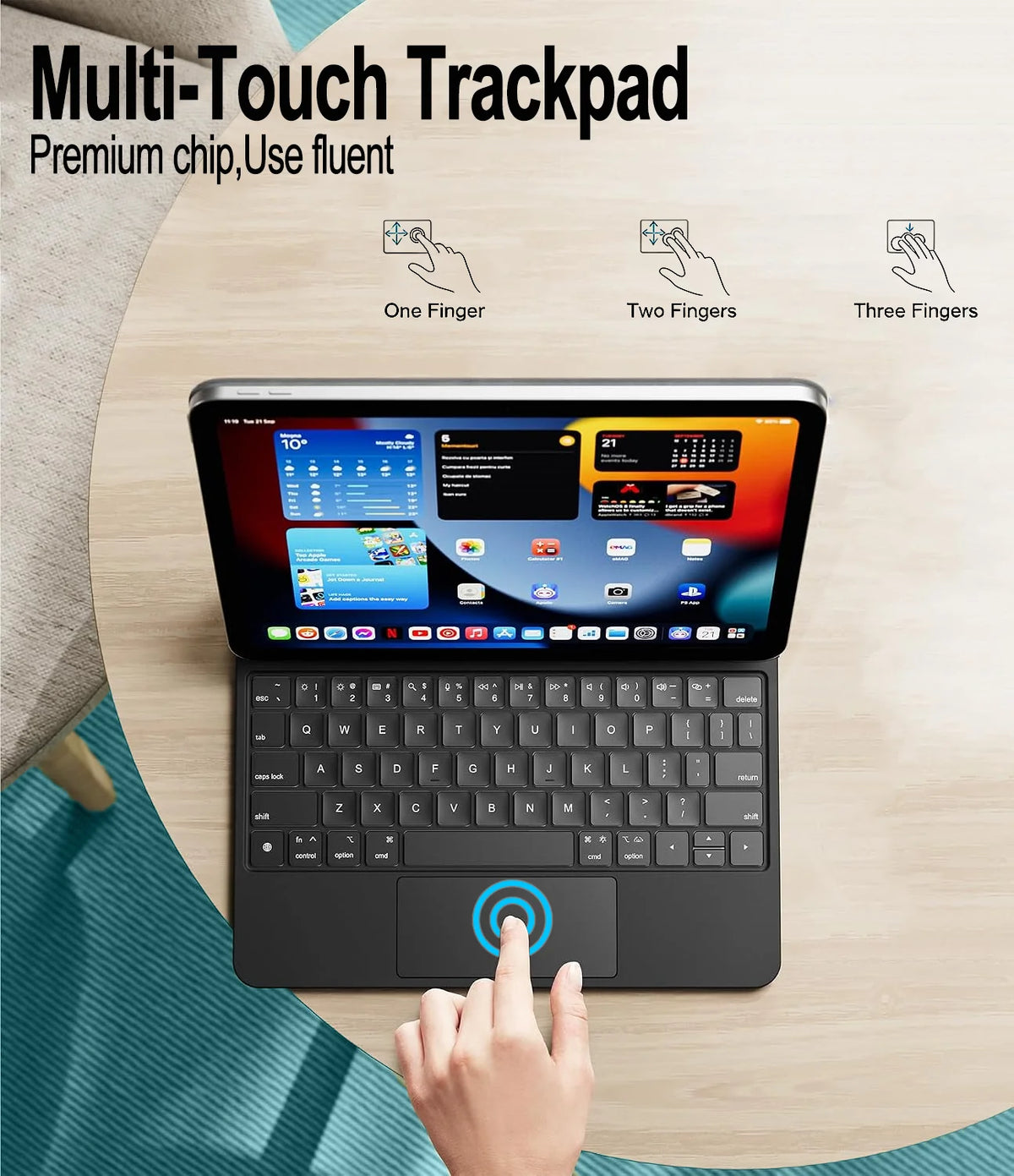 A hand is using a multi-touch trackpad on a laptop, demonstrating one, two, and three-finger touch gestures.