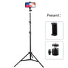 A black tripod stand with a smartphone mount, camera holder, and accessory kit.