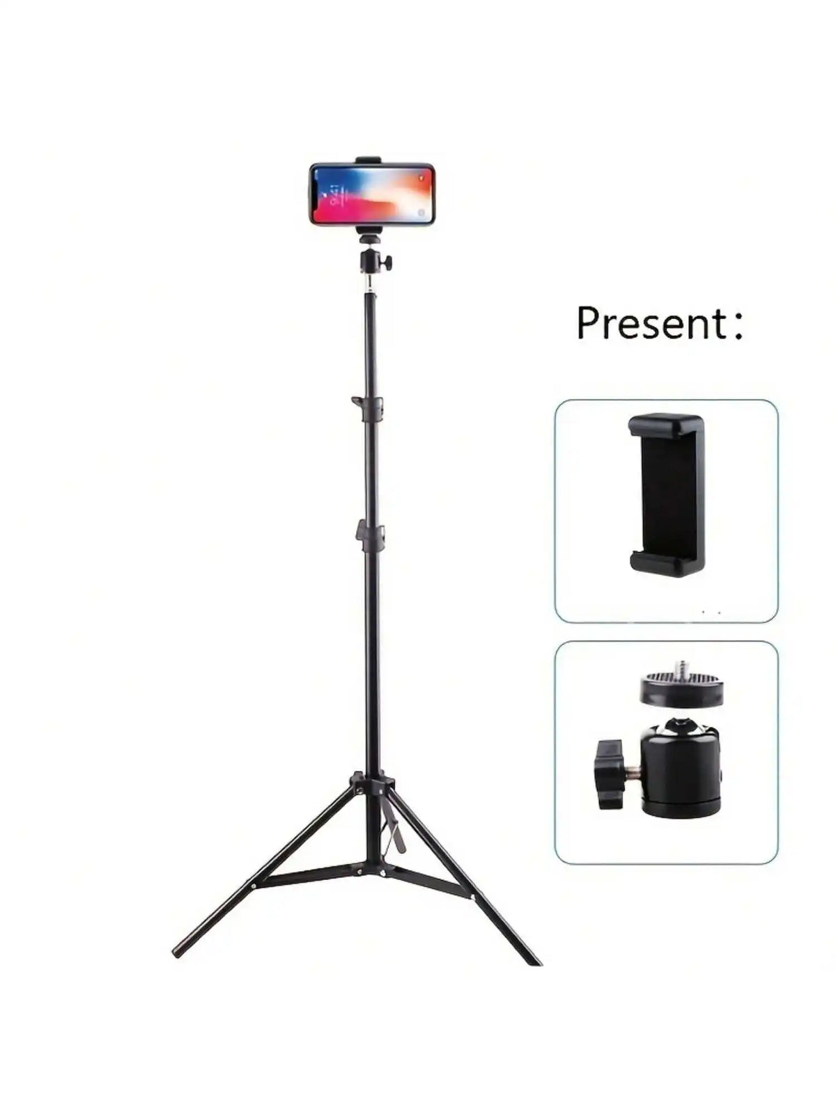 A black tripod stand with a smartphone mount, camera holder, and accessory kit.