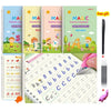 A set of five Magic practice copybooks for preschool children featuring alphabet and writing exercises.