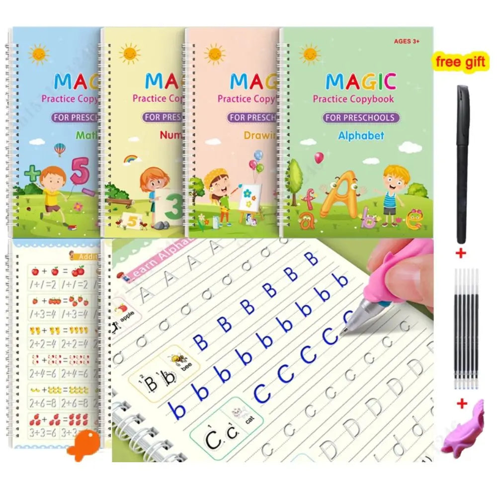 A set of five Magic practice copybooks for preschool children featuring alphabet and writing exercises.