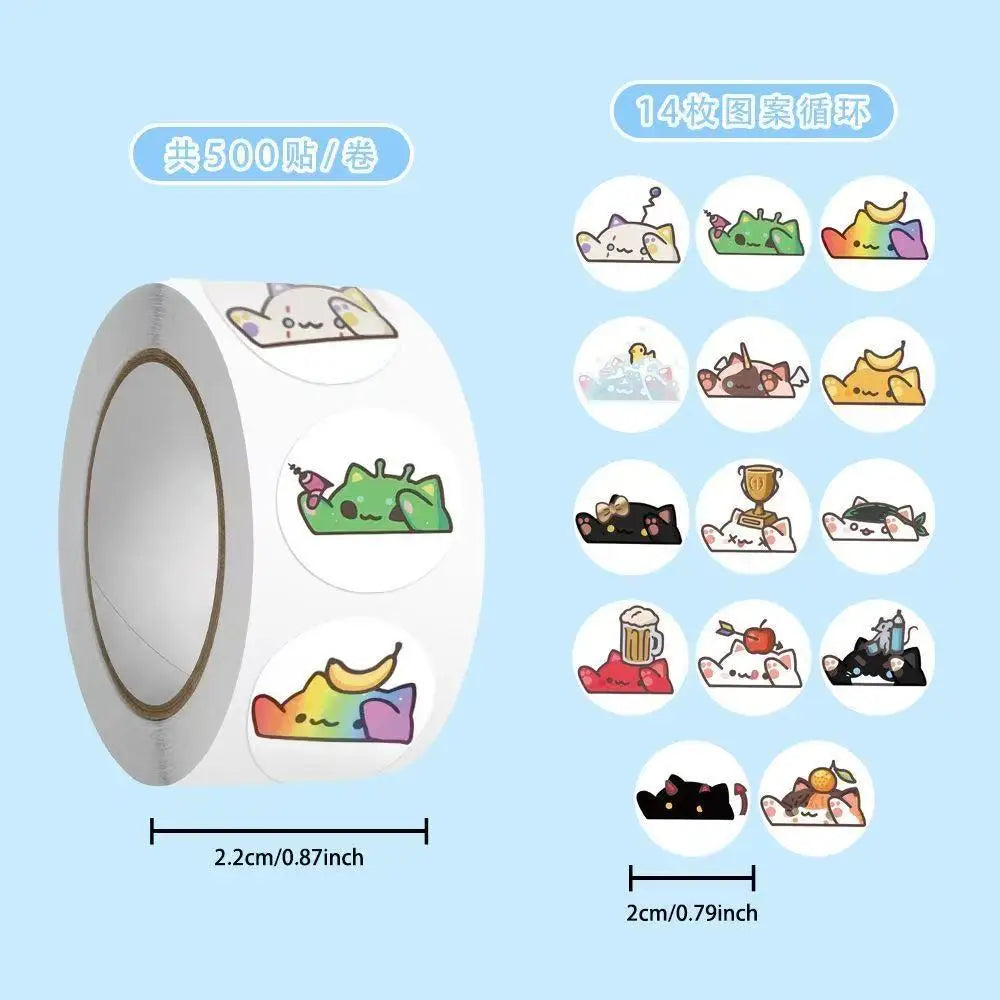 Roll of 500 cute bongo cat animal sealing stickers for DIY decoration with various animal designs