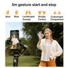 A woman holds a smartphone mounted on a gimbal stabilizer, demonstrating various gestures for start and stop functions.