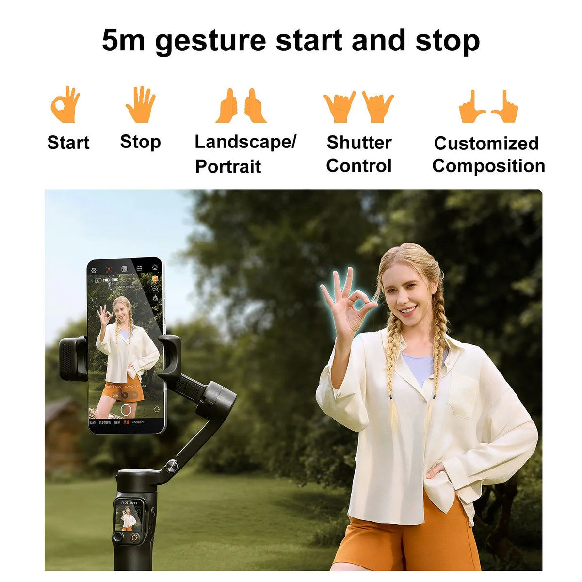 A woman holds a smartphone mounted on a gimbal stabilizer, demonstrating various gestures for start and stop functions.
