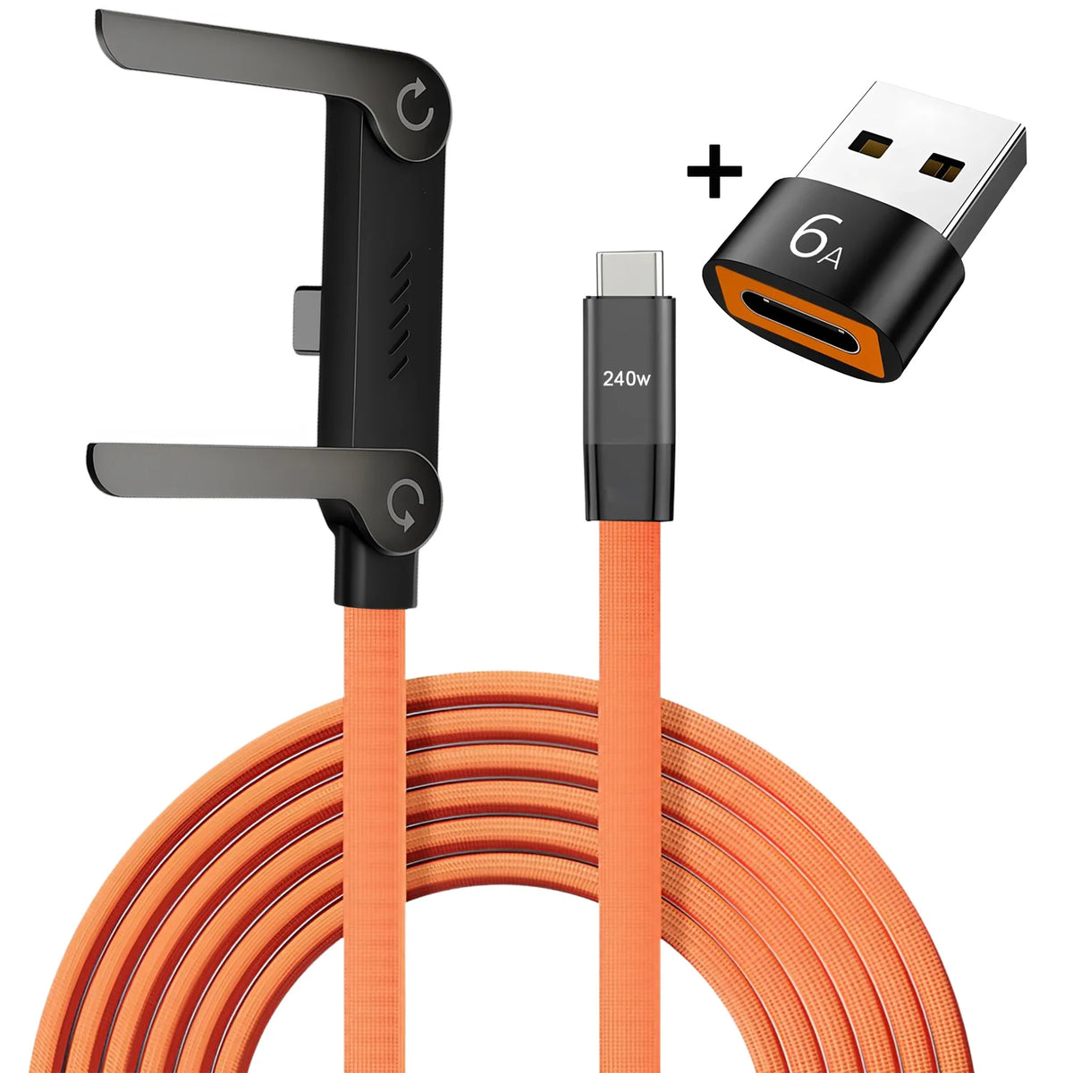 A black fast charging data cable with a folding stand and an adapter shown next to the coiled cable.