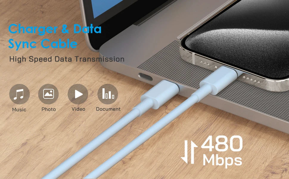 A white sync cable is shown connecting a device to a laptop, highlighting high-speed data transmission.