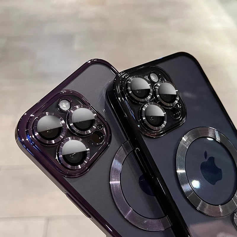 A close-up of a dark purple magnetic clear case with a plated finish for a MagSafe iPhone.