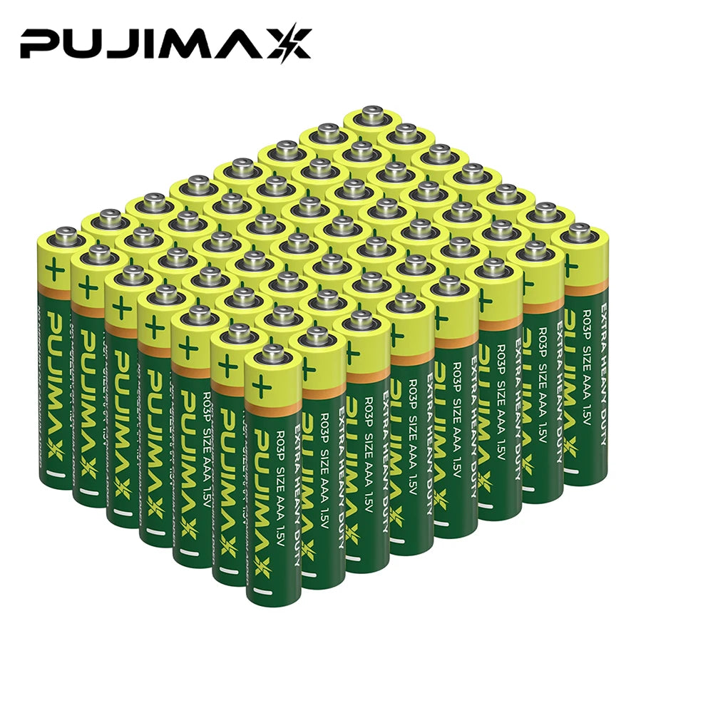 A grid of high-performance disposable AA and AAA dry cell batteries in green and yellow packaging.