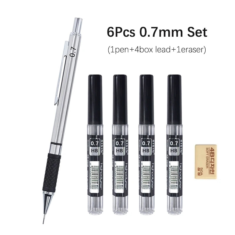 A set of six 0.7mm HB lead mechanical pencils with boxes and erasers.