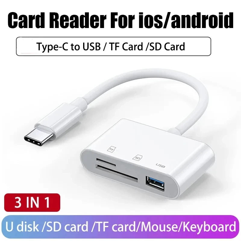 White card reader adapter with Type-C to USB ports for SD and TF cards, also functions as a mouse and keyboard.