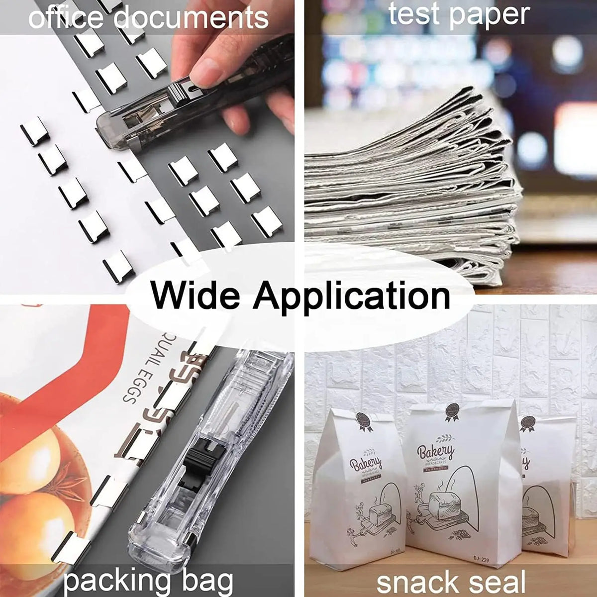 Various uses of a handheld binder clip pusher including office documents, test paper, packing bags, and snack seals.