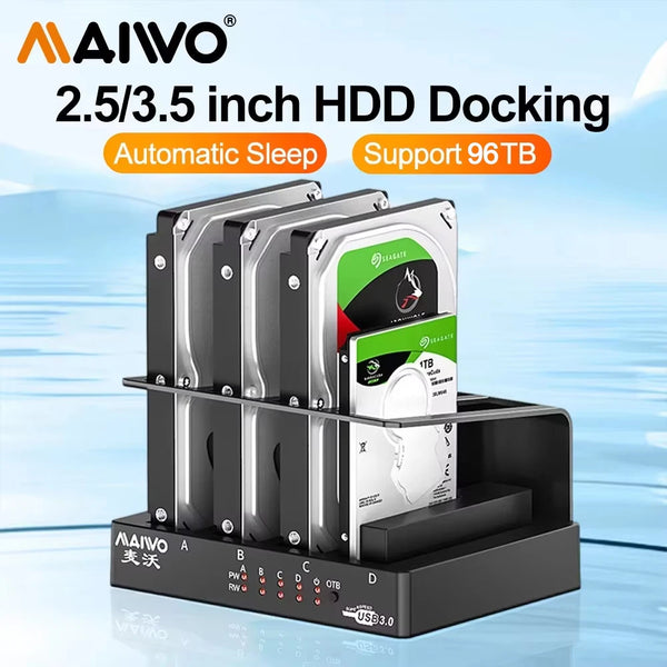 A MAIVO 4-bay external hard drive docking station with multiple SSDs and HDD supports