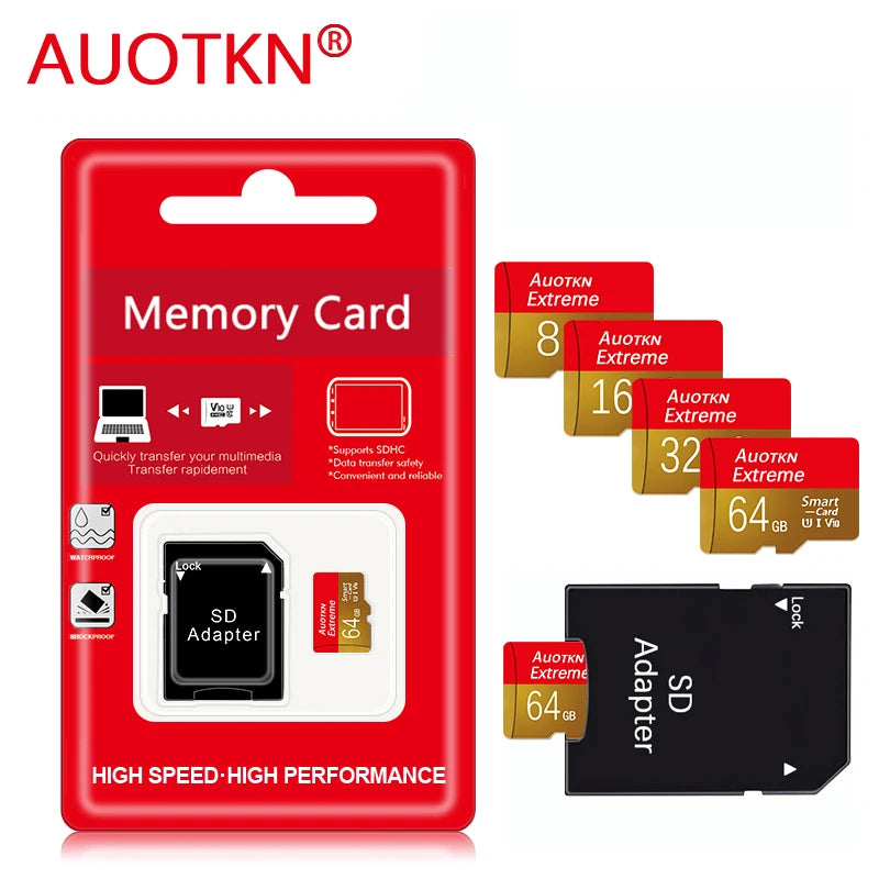 Red packaging for a high-speed memory card and adapter with various capacity options