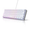 A compact wired keyboard with white keys and purple RGB backlight is shown on a reflective surface.