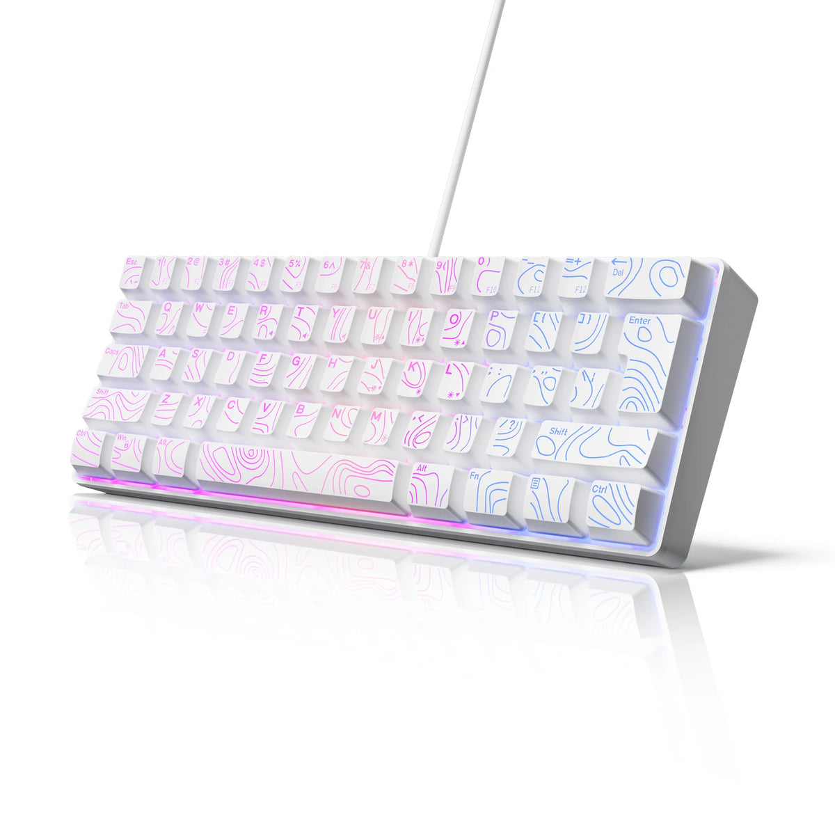 A compact wired keyboard with white keys and purple RGB backlight is shown on a reflective surface.