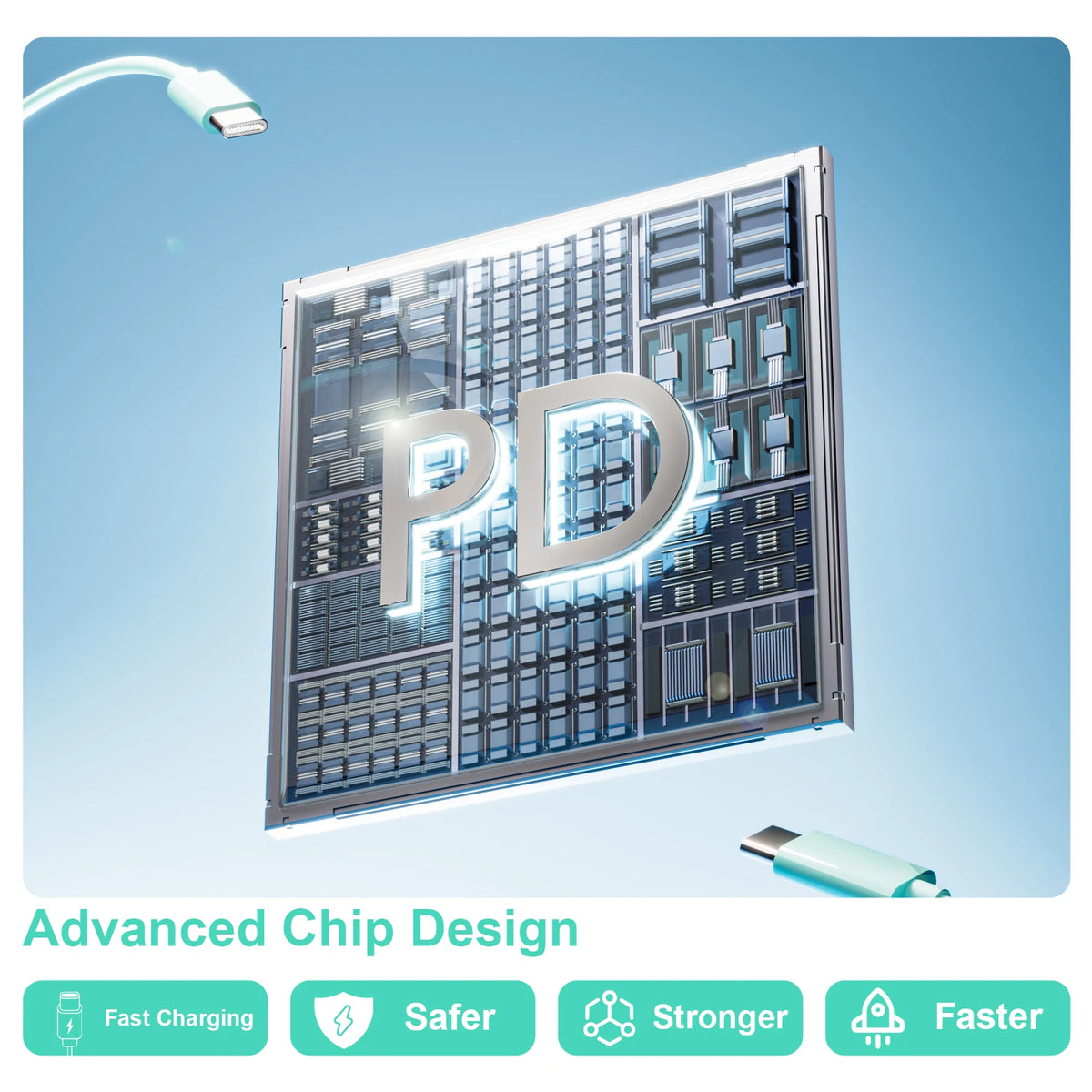 A close-up view of an Advanced Chip Design product featuring a modern, rectangular chip component and related charging access
